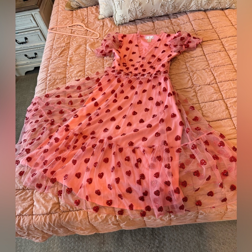 Adrianna Papell Pink Sequin Heart Tulle Dress XS Romantic